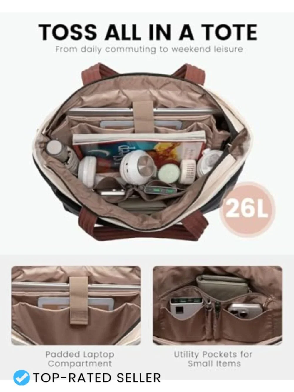Puffer Tote Bag with 8 Pockets & Cosmetic Pouch, Waterproof Work Tote for